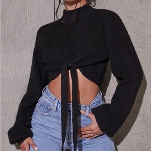 PrettyLittleThing Black Recycled Tie Front Knitted Crop Sweater Size Small